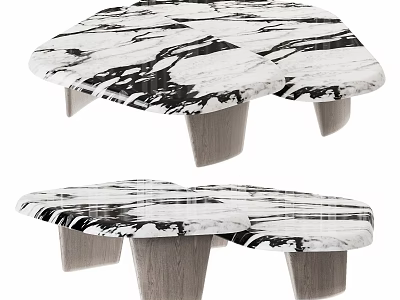 Modern Marble Coffee Table Set With Irregular Shape And Wooden Legs 3d model