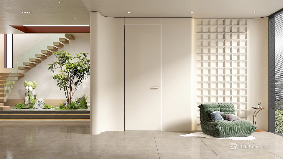 White Hinged Door In Modern Interior With Green Plants And Lattice Wall 3d model 