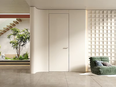 White Hinged Door In Modern Interior With Green Plants And Lattice Wall 3d model