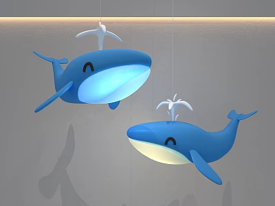 Blue Whale Shaped Pendant Lights with Illuminated Bellies and Water Spout Design 3d model
