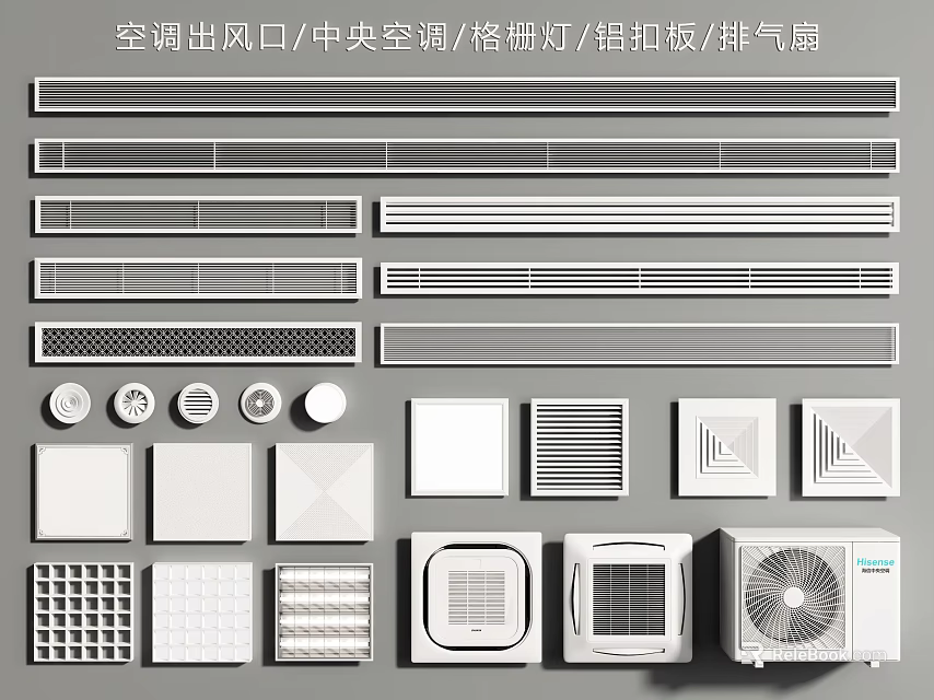 Air Conditioner Air Vents with Central Air Grille Lights Aluminum Ceiling Panels and Exhaust Fans 3d model 