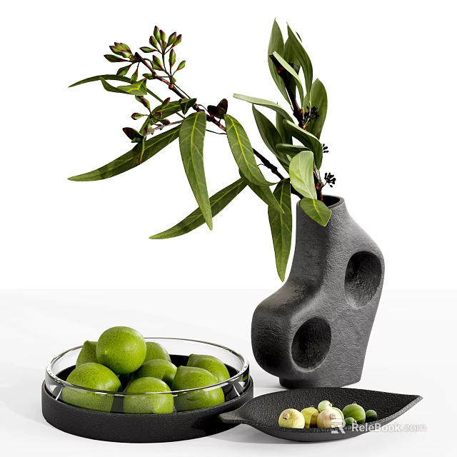Unique Ceramic Vase With Irregular Shaped Holes Green Leaf Branches Near Glass Bowl Of Limes 3d model 