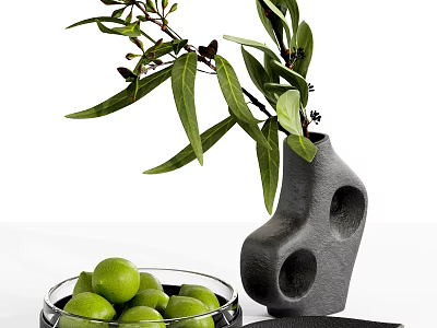 Unique Ceramic Vase With Irregular Shaped Holes Green Leaf Branches Near Glass Bowl Of Limes 3d model