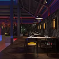Modern Outdoor Restaurant With Red Brick Design Bar Counter Blue Red Lighting And Plant Decor