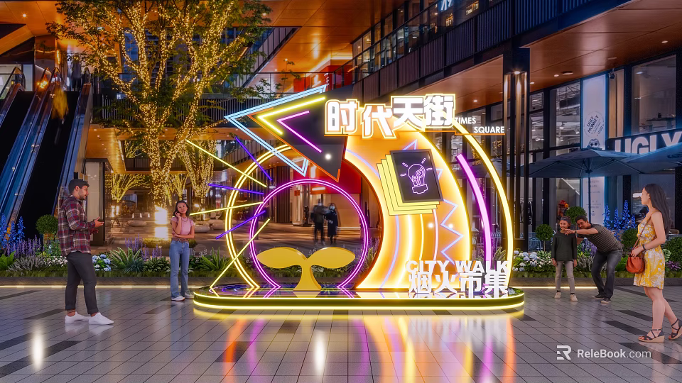 Popular Photo Spot at Shidai Tianjie with Neon Lights Decorative Arch and City Walk Atmosphere 3d model 