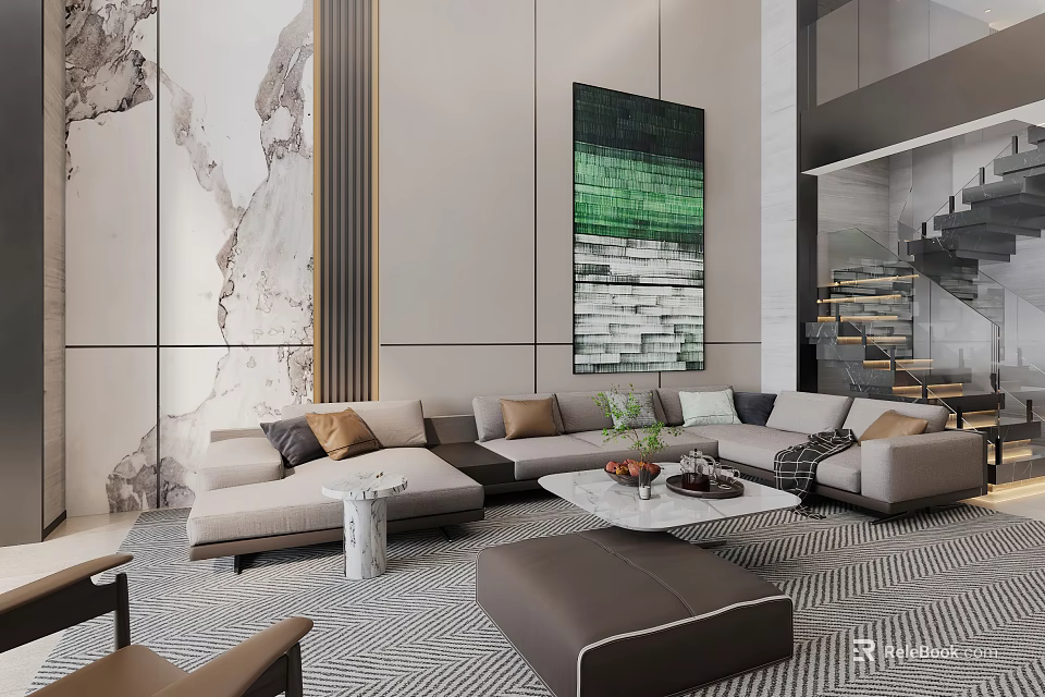 Modern Duplex Living Room Interior Design With Large Sofa Geometric Rug And Abstract Painting 3d model 