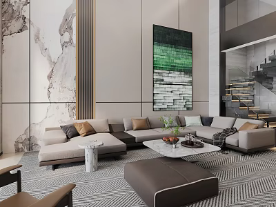 Modern Duplex Living Room Interior Design With Large Sofa Geometric Rug And Abstract Painting 3d model