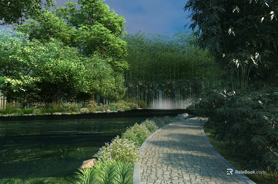 Stunning Peaceful Garden Scenery With Winding Stone Path Calm Lake And Lush Green Bamboo Forest 3d model 