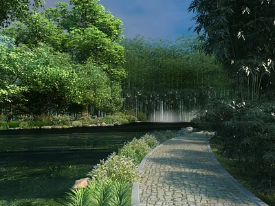 Stunning Peaceful Garden Scenery With Winding Stone Path Calm Lake And Lush Green Bamboo Forest 3d model
