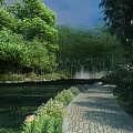 Stunning Peaceful Garden Scenery With Winding Stone Path Calm Lake And Lush Green Bamboo Forest
