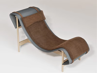 Modern Curved Lounge Chair With Wooden Frame And Brown Gray Fabric 3d model