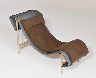 Modern Curved Lounge Chair With Wooden Frame And Brown Gray Fabric 3d model