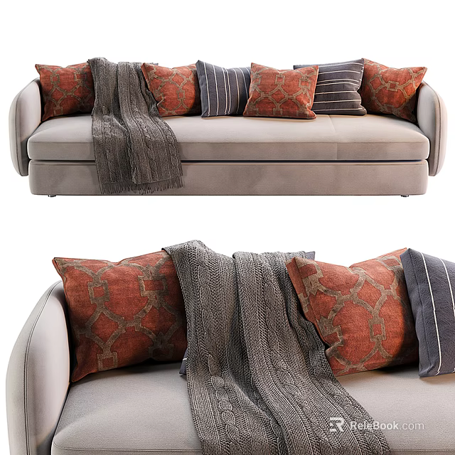 Multi Seater Sofa with Cozy Gray Knitted Blanket and Red Striped Patterned Pillows 3d model