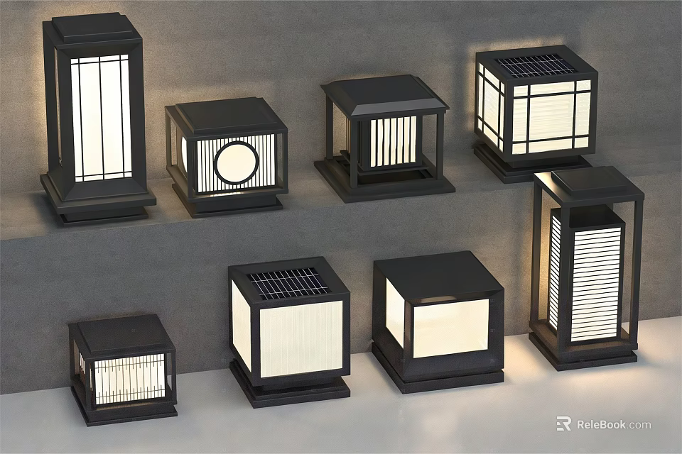 Modern Outdoor Lights With Various Black Metal Designs And Decorative Panels 3d model 