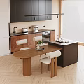 Modern Open Kitchen Interior Design With Wooden Dining Table And Island Counter 3d model