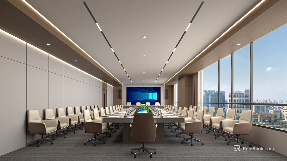 Modern Large Conference Room With Long Table Office Chairs Big Screen And City View Windows 3d model 