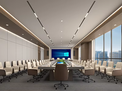 Modern Large Conference Room With Long Table Office Chairs Big Screen And City View Windows 3d model