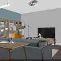 Modern Living And Dining Area With Gray Sofa Yellow Bean Bag Guitar And Bookshelves