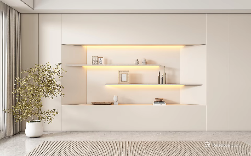 Modern Minimalist Background Wall With Floating Shelves Warm Lighting And Decorative Plant 3d model 