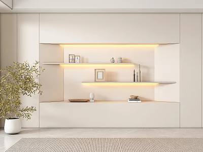 Modern Minimalist Background Wall With Floating Shelves Warm Lighting And Decorative Plant 3d model