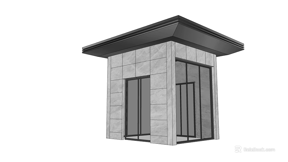 Modern Security Booth With Gray Stone Walls Black Roof And Glass Doors 3d model 