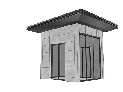 Modern Security Booth With Gray Stone Walls Black Roof And Glass Doors 3d model