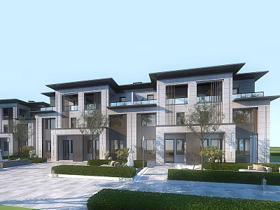 Modern Townhouse Exterior With Stone Facade Balconies Courtyard And Landscaped Greenery 3d model