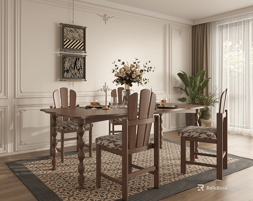 Classic Dining Room Interior Design With Wooden Table Chairs Artworks And Potted Plant 3d model 
