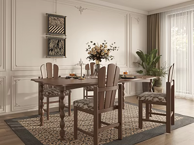 Classic Dining Room Interior Design With Wooden Table Chairs Artworks And Potted Plant 3d model