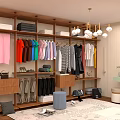 Modern Open Wooden Wardrobe Interior With Colorful Hanging Clothes Folded Shelves And Accessories