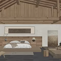 Hotel Guest Room with Wooden Ceiling Beams and Bed Featuring Wooden Headboard and Window Cushions