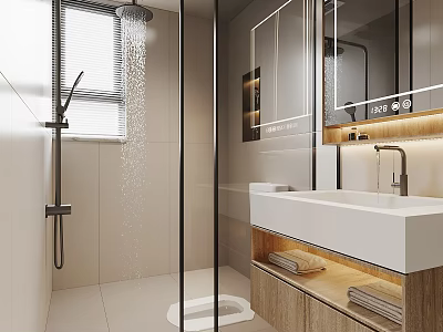 Sleek Modern Bathroom Interior With Glass Shower Partition Lighted Mirror White Vanity And Wooden Cabinet 3d model