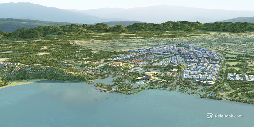 Scenic Commercial Landscape With Waterfront Green Areas And Modern Building Complex 3d model 