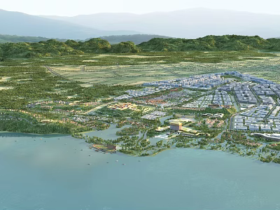 Scenic Commercial Landscape With Waterfront Green Areas And Modern Building Complex 3d model