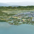 Scenic Commercial Landscape With Waterfront Green Areas And Modern Building Complex