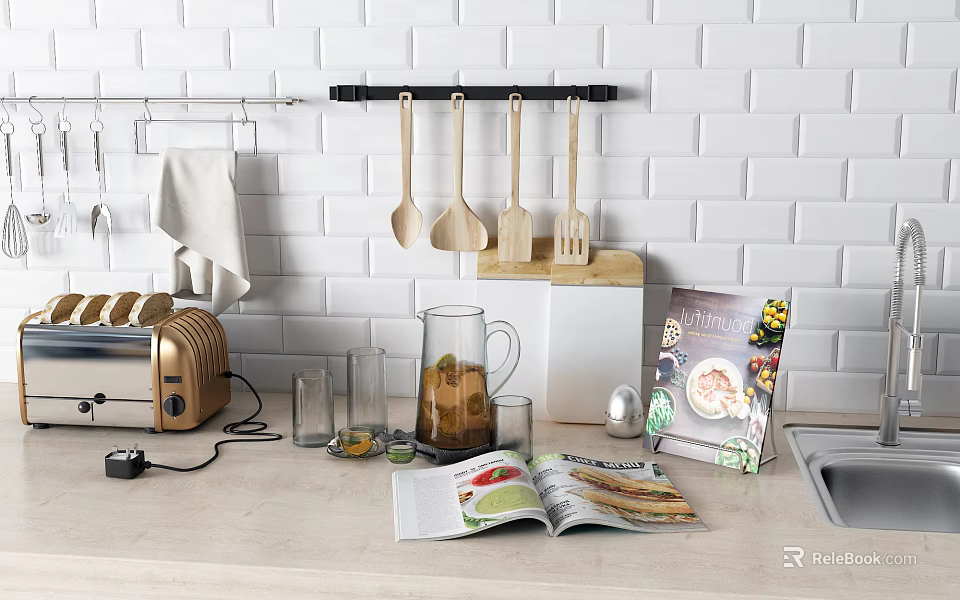 Essential Kitchen Utensils on Hanging Rod with Wooden Spoons Toaster Glass Cups and Recipe Magazine on Countertop 3d model 