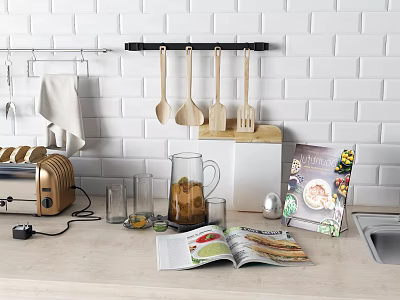 Essential Kitchen Utensils on Hanging Rod with Wooden Spoons Toaster Glass Cups and Recipe Magazine on Countertop 3d model
