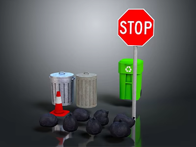 Urban Roadside Scene With Stop Sign Silver Gray Green Trash Bins Traffic Cone And Stones 3d model