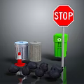 Urban Roadside Scene With Stop Sign Silver Gray Green Trash Bins Traffic Cone And Stones