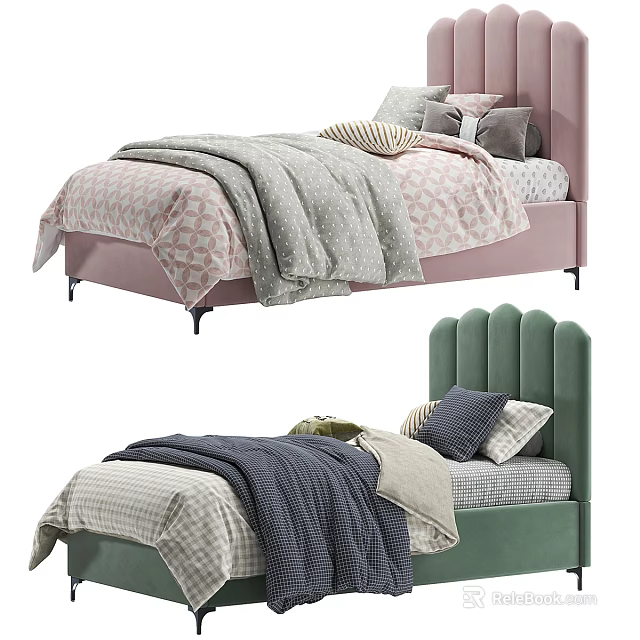 Cozy Single Bed Design With Pink And Green Headboard Patterned Quilt And Pillows 3d model 