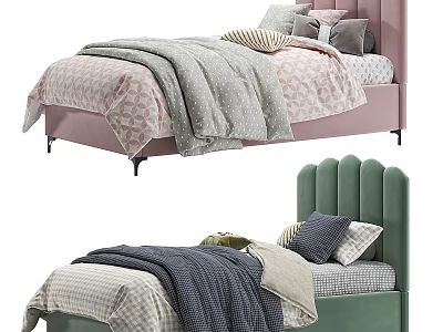 Cozy Single Bed Design With Pink And Green Headboard Patterned Quilt And Pillows 3d model