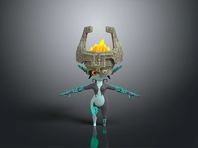 3D Fantasy Character With Stone Headdress Flaming Top And Blue Glowing Body 3d model