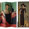 Decorative Folding Screen Featuring Vintage Women Black Cat Building And Trees Art