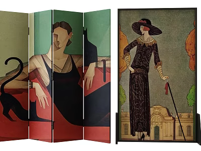 Decorative Folding Screen Featuring Vintage Women Black Cat Building And Trees Art 3d model
