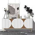 Modern Entryway Console Cabinet With Circular Door Design And Decorative Vases