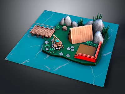 Outdoor Camping Commercial Equipment Display Model With Wooden Cabin Bridge Bonfire And Green Plants 3d model