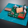 Outdoor Camping Commercial Equipment Display Model With Wooden Cabin Bridge Bonfire And Green Plants