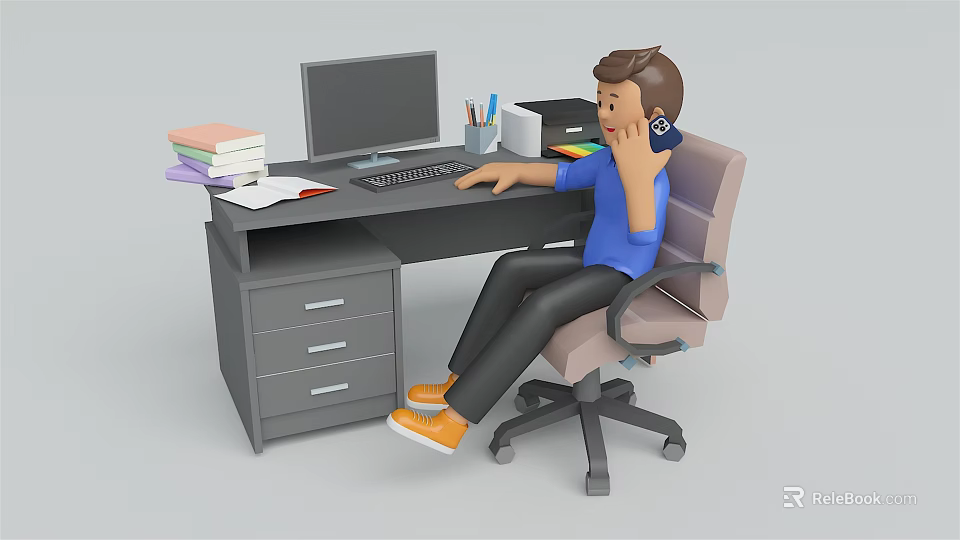 Man Sitting On Chair Talking On Phone At Desk With Computer Keyboard Books Stationery 3d model 