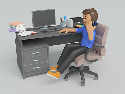 Man Sitting On Chair Talking On Phone At Desk With Computer Keyboard Books Stationery 3d model