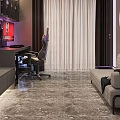 Modern Internet Cafe Interior With Hexagon Ceiling Lighting Gaming Chair Sofa And Wall Logo